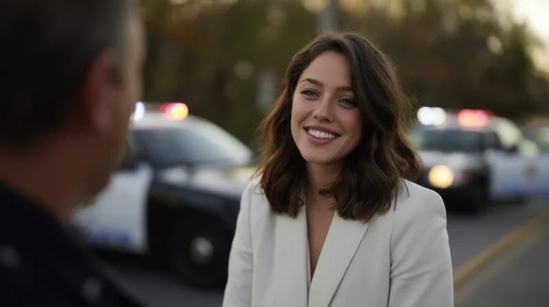 Woman in white blazer smiling during conversation with police officer on street