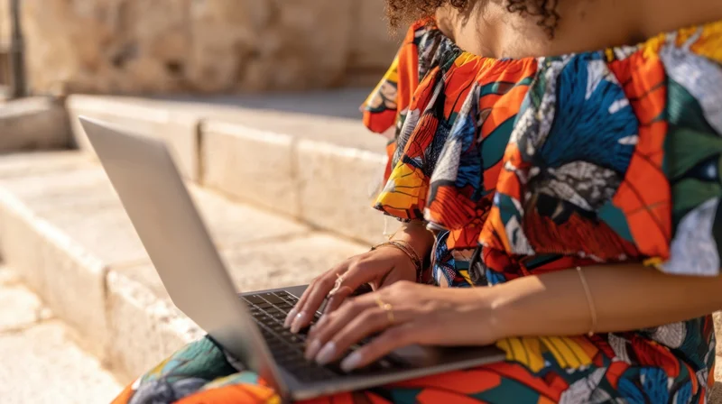 Woman typing on laptop outdoors on stone steps wearing colorful patterned dress