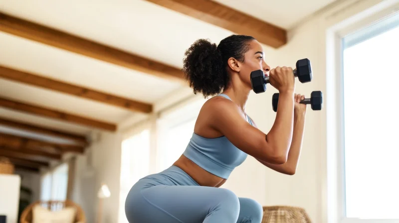Woman performing squat exercise with dumbbells in home gym setting