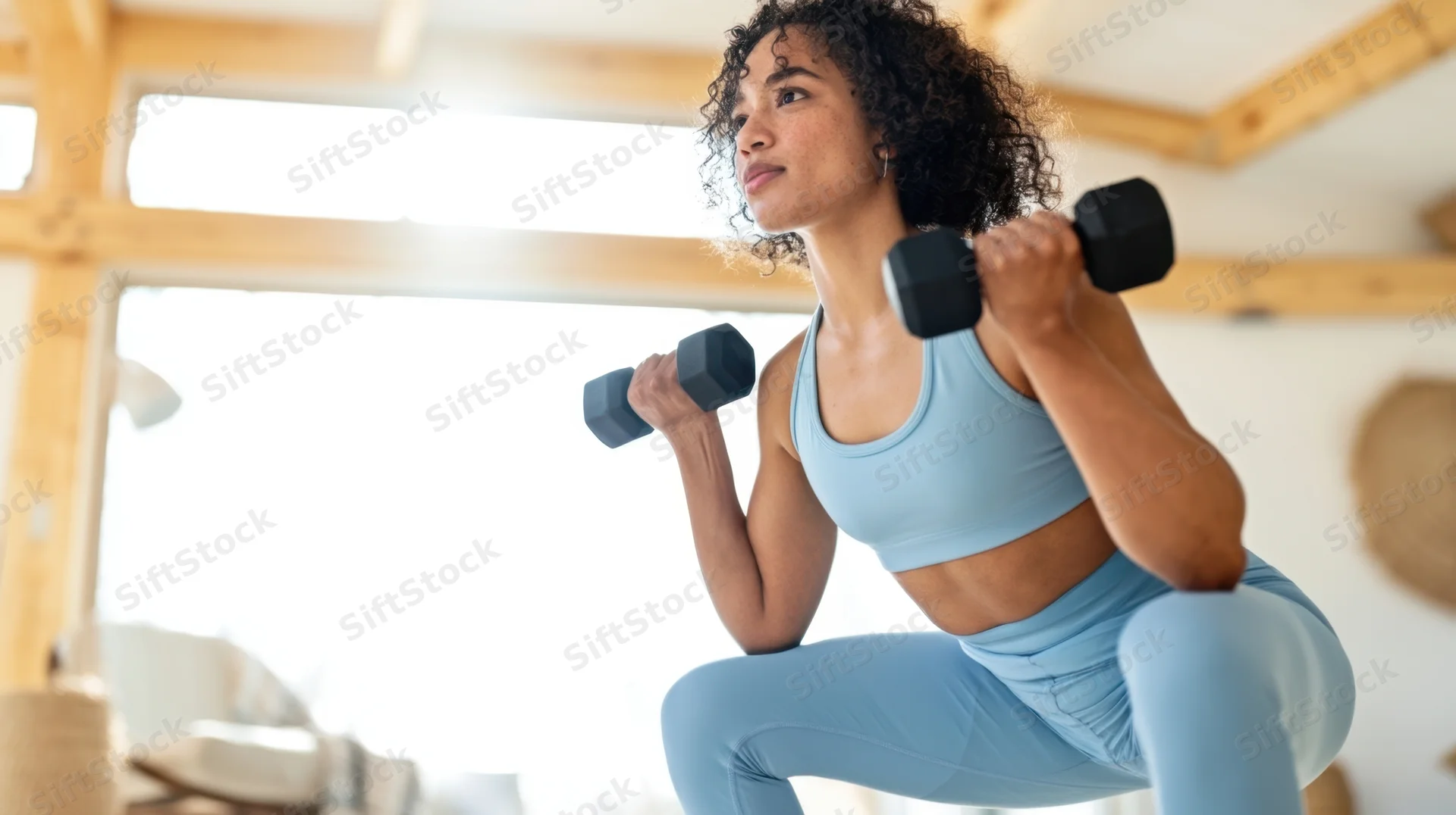 Woman performing squat with dumbbells in home gym setting