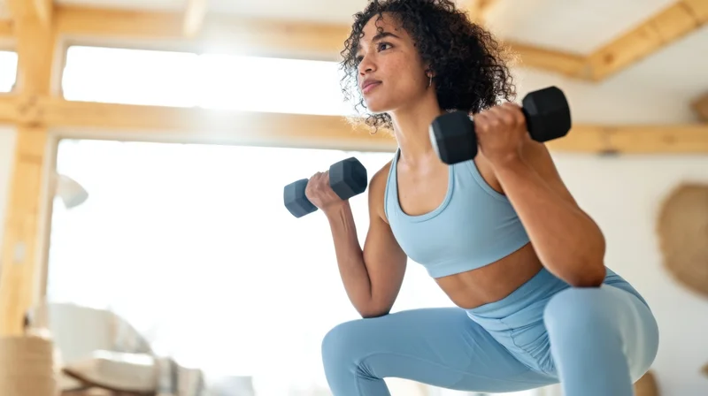 Woman performing squat with dumbbells in home gym setting