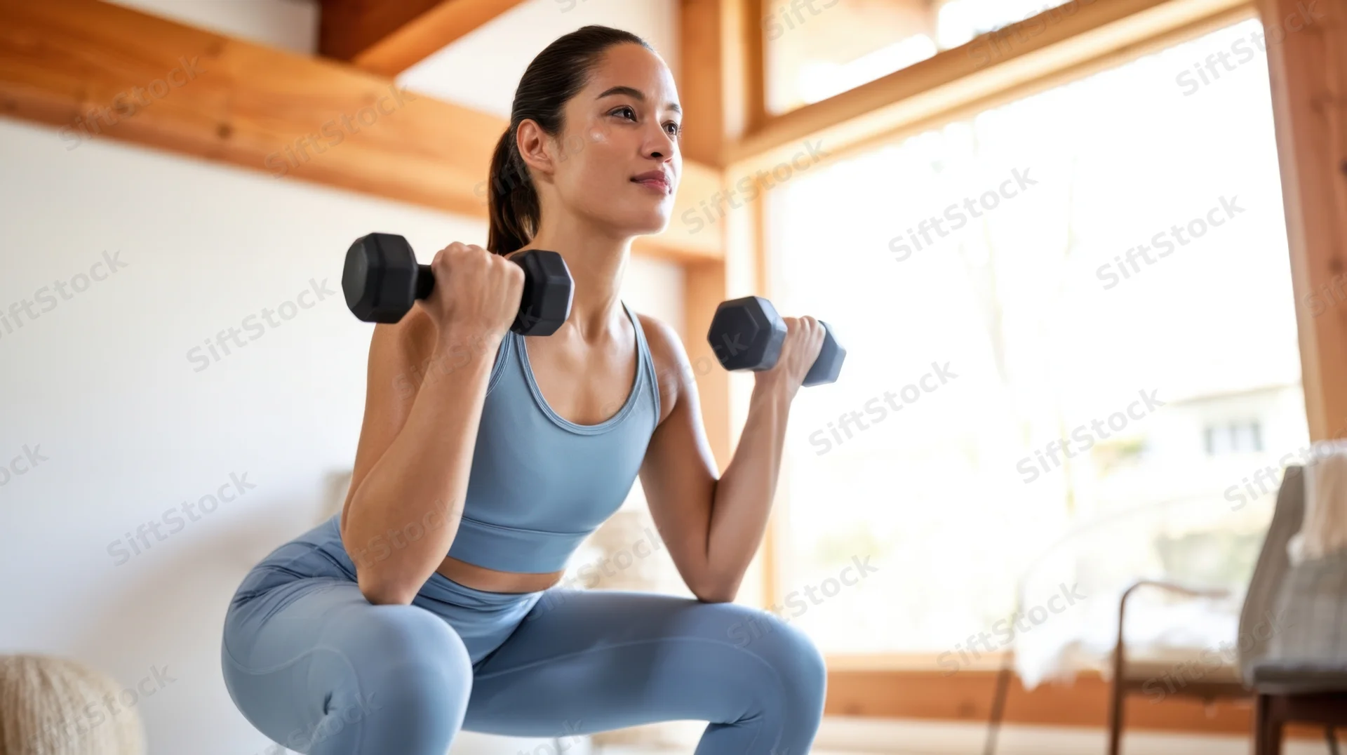 Woman performing squat exercise with dumbbells in home gym setting
