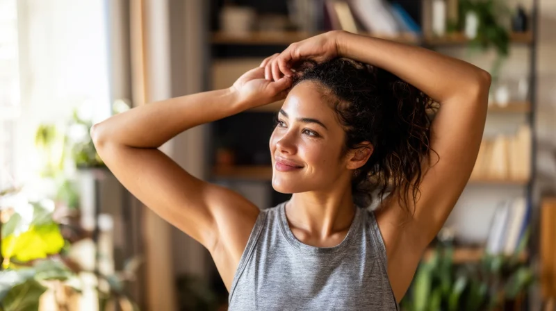 Woman smiling with hands in her curly hair indoors near window with plants and bookshelf