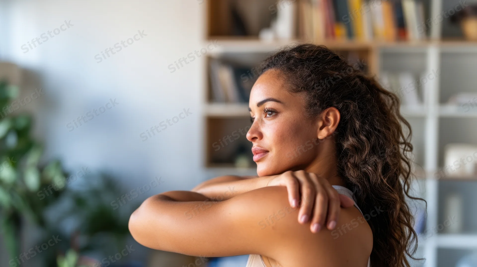 Woman in profile resting her chin on her arm in a cozy home setting with bookshelf and plant in background