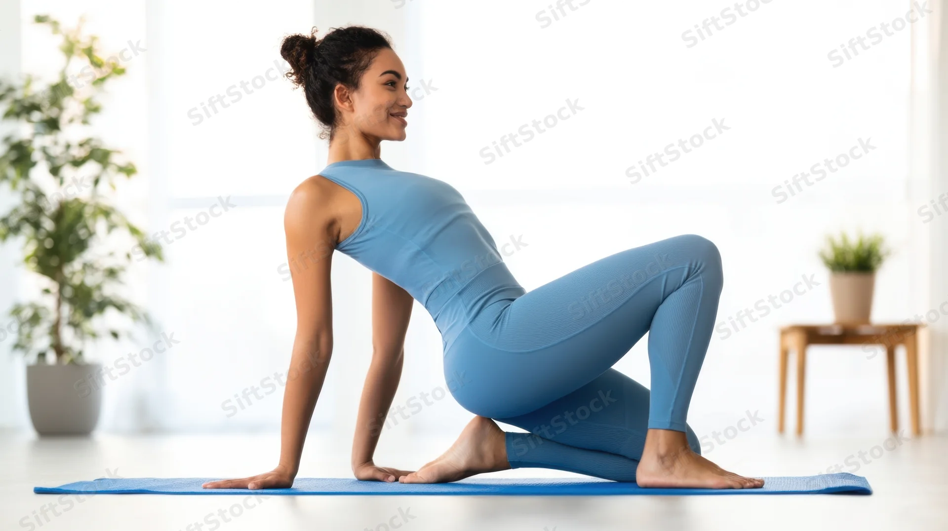 Woman practicing yoga in a home setting on a blue mat, smiling and stretching in a side profile view