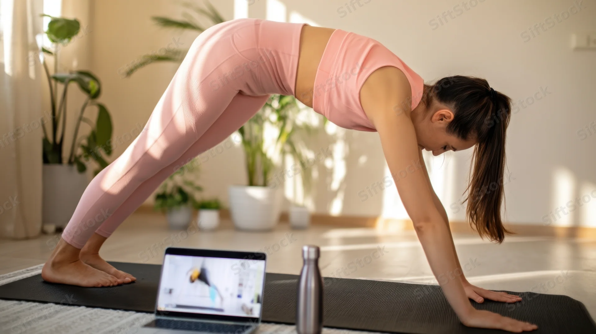 Woman in downward dog yoga pose on mat with laptop and water bottle in home setting