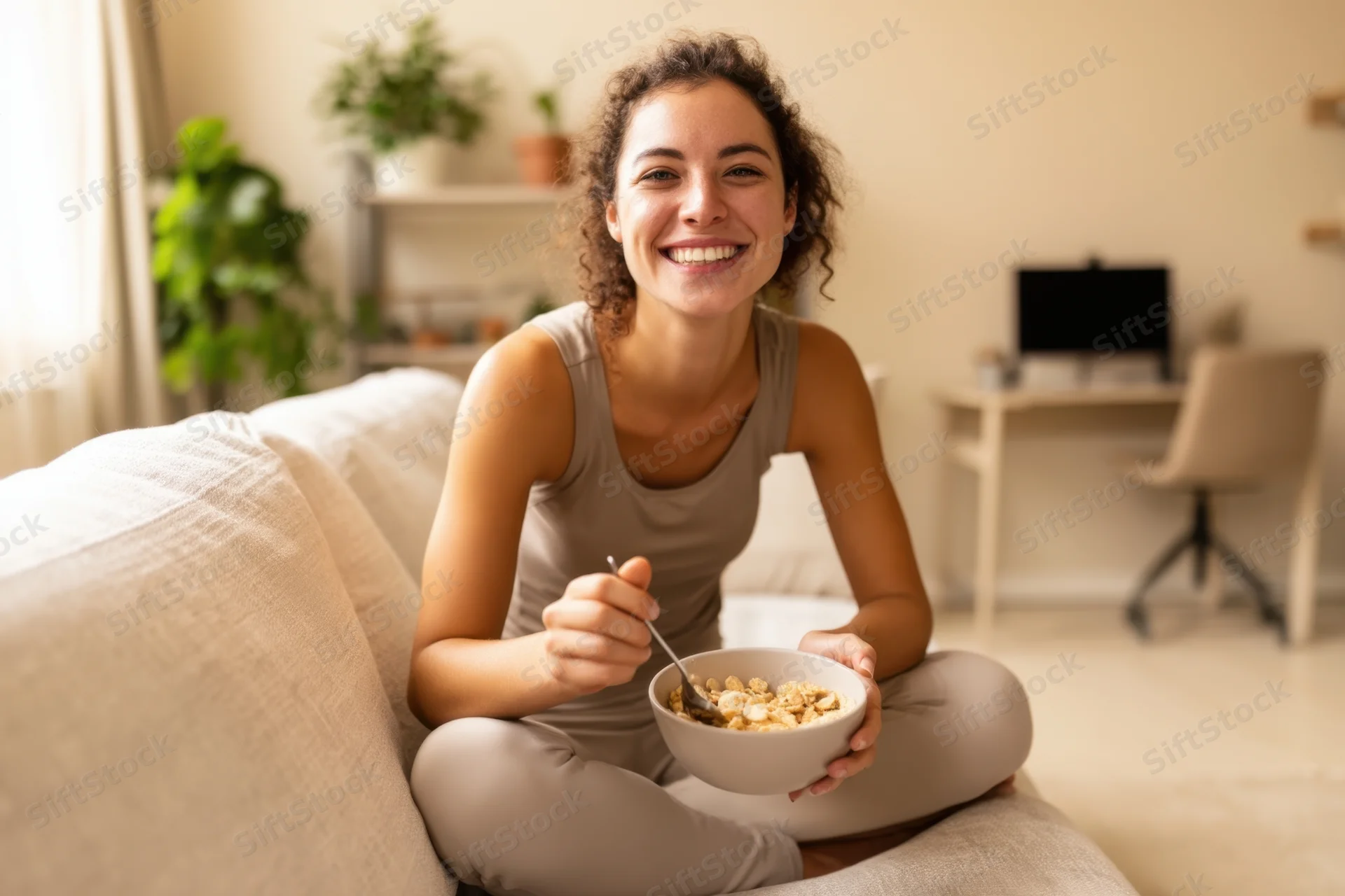 Woman smiling while eating cereal from a bowl while sitting cross-legged on a couch in a bright living room