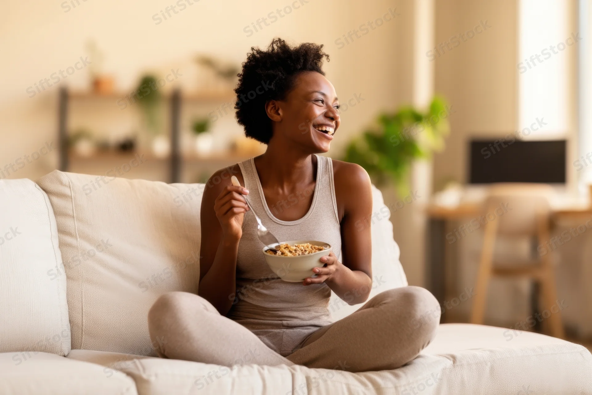 Woman smiling while eating cereal from a bowl while sitting cross-legged on a couch in a bright living room