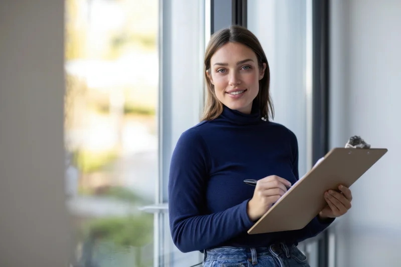 Woman writing on clipboard in office near window