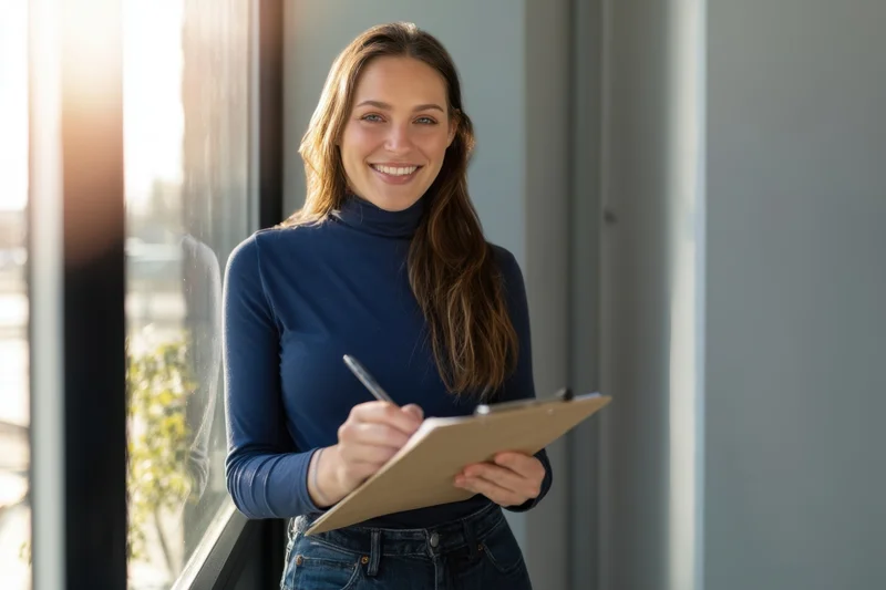 Woman smiling while writing on a clipboard in an office near a window