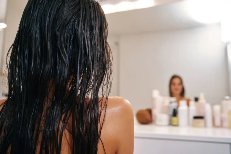 Woman with wet black hair facing mirror in bathroom with skincare products on vanity