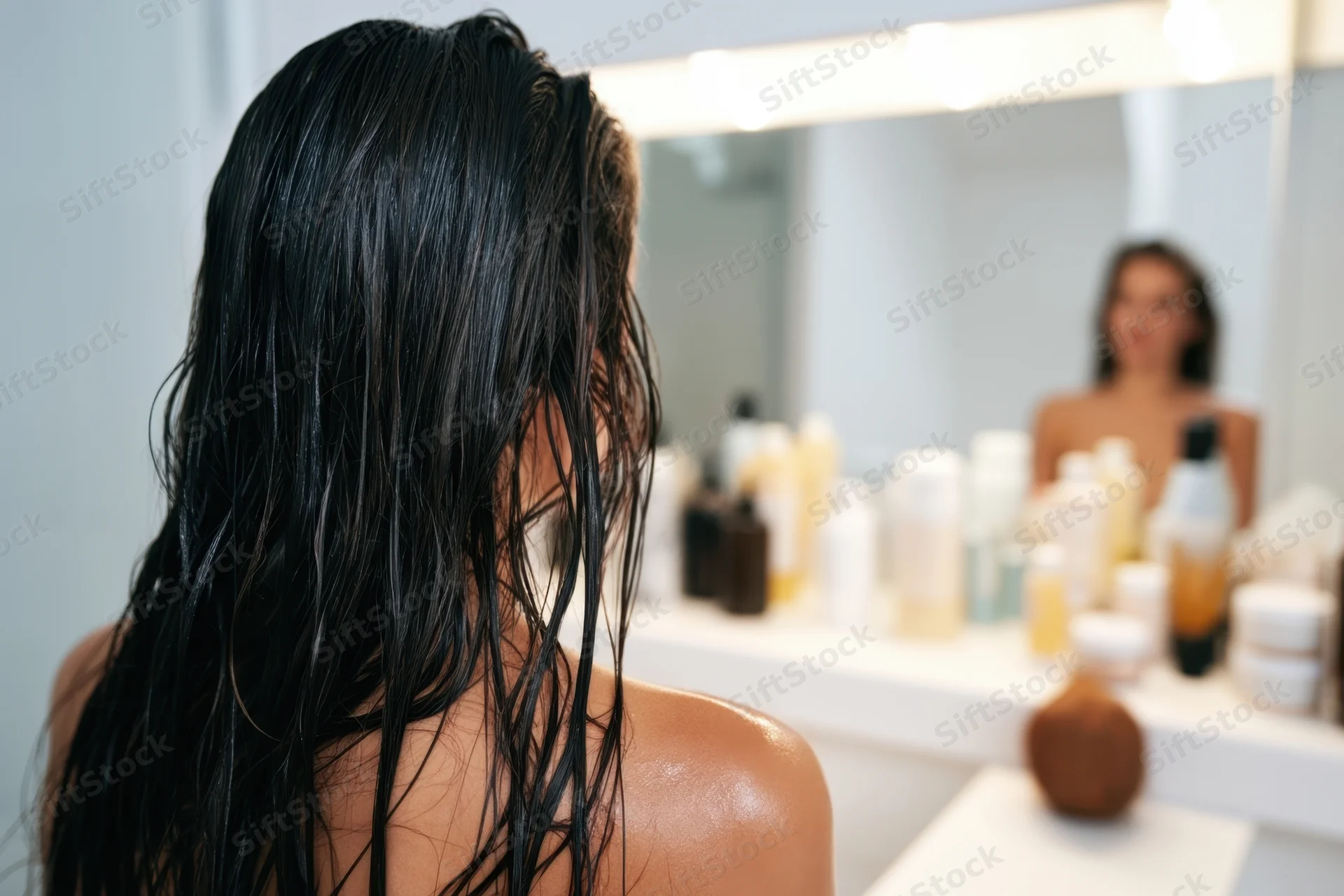 Woman with wet hair standing before bathroom mirror surrounded by skincare and haircare products