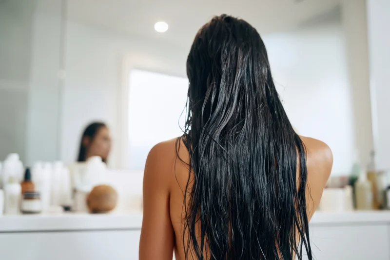 Woman with long wet black hair seen from back in bathroom mirror reflection