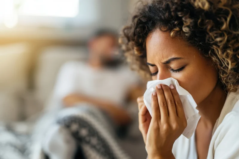Woman sneezing into tissue while resting in bed with partner in background
