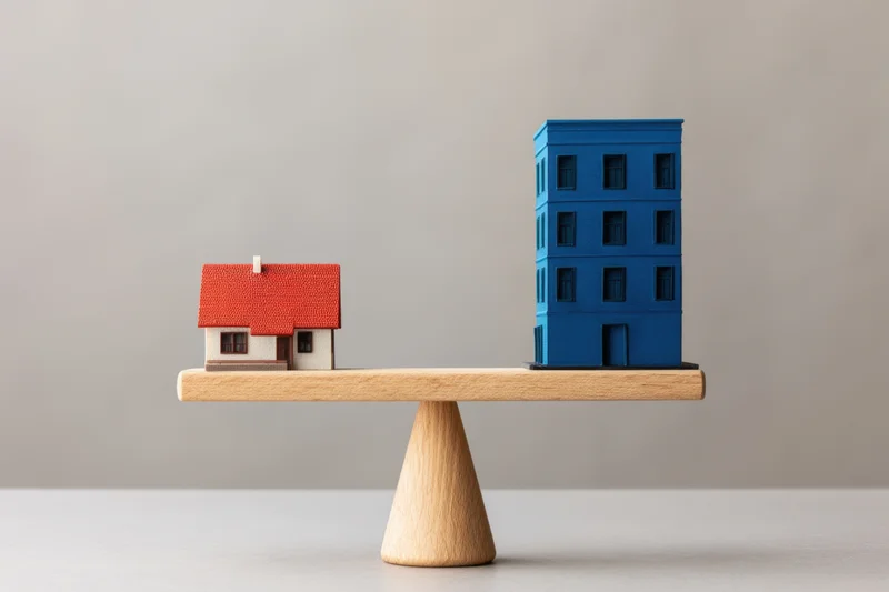 Miniature house and blue apartment building balanced on a wooden scale