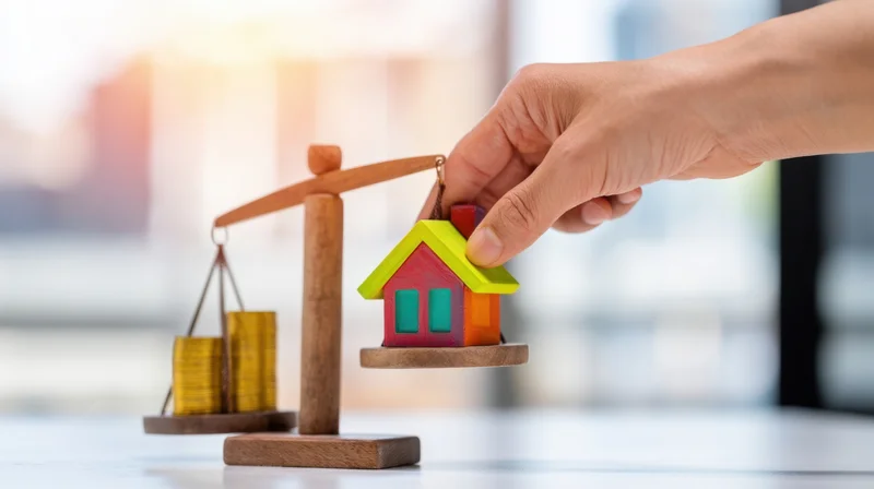 Hand placing a colorful miniature house on a wooden balance scale with coins on the other side, on a desk in an office setting