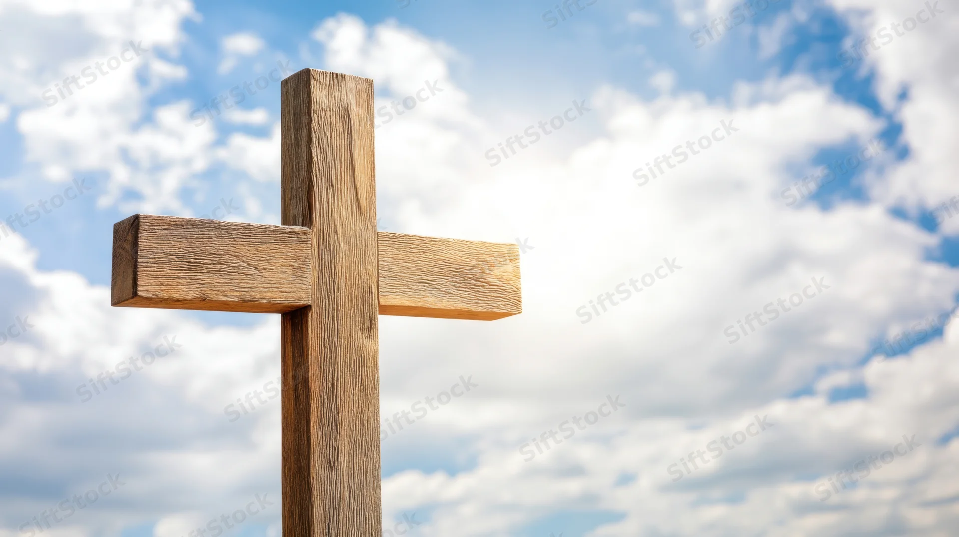Wooden cross standing against a blue sky with scattered white clouds