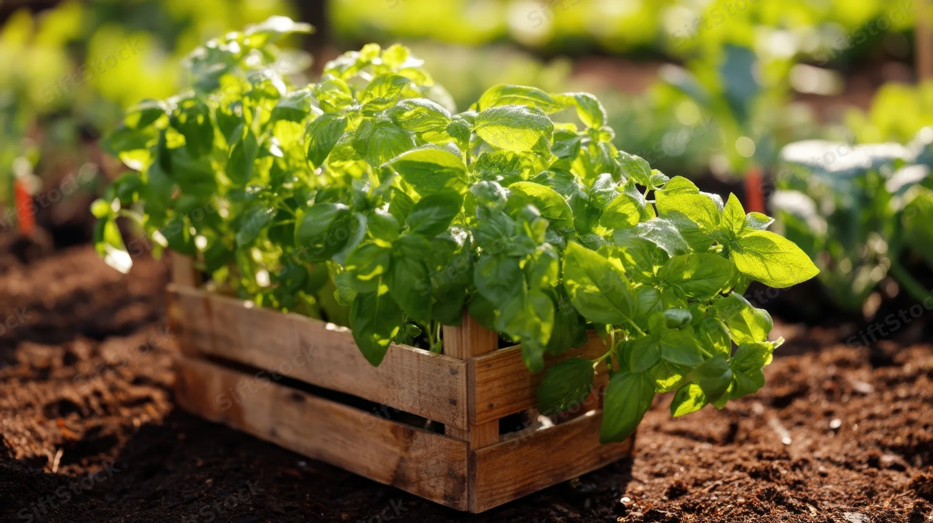 Basil plants growing in a wooden crate on garden soil in sunlight