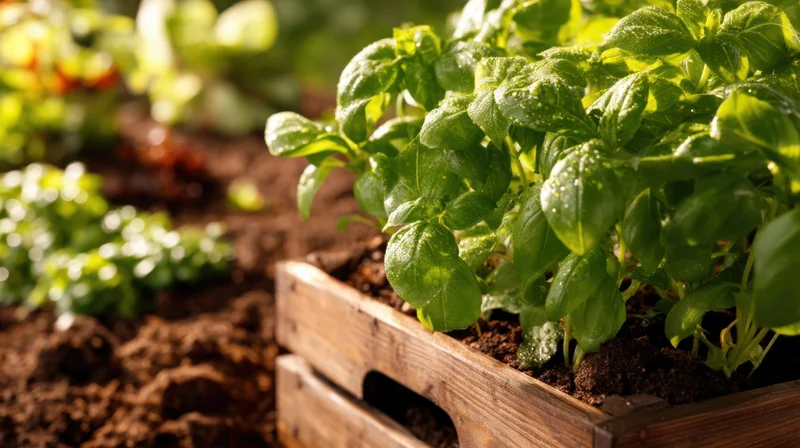 Basil plants growing in a wooden crate in a garden bed