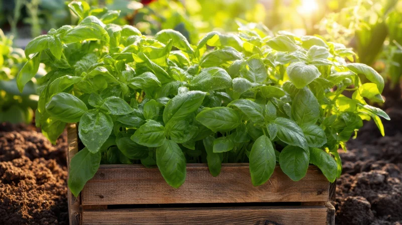 Basil plants growing in a wooden crate in a garden with sunlight filtering through leaves