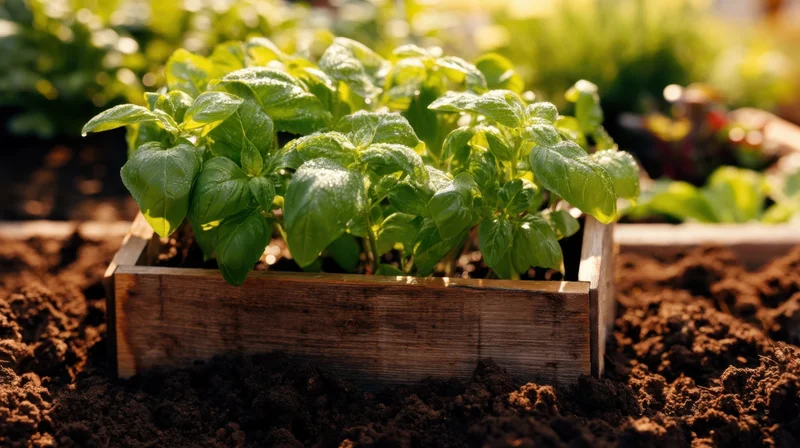 Basil plants growing in a wooden planter box in a garden bed