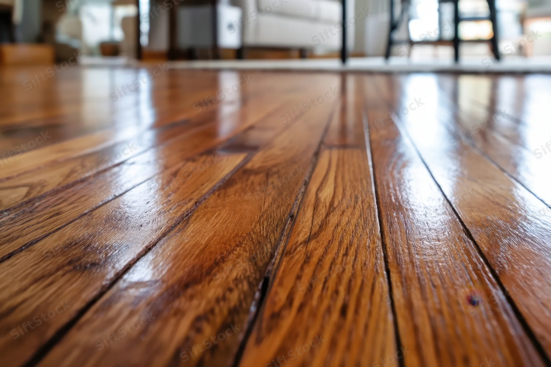 Close-up of polished hardwood floor in a living room with furniture in the background