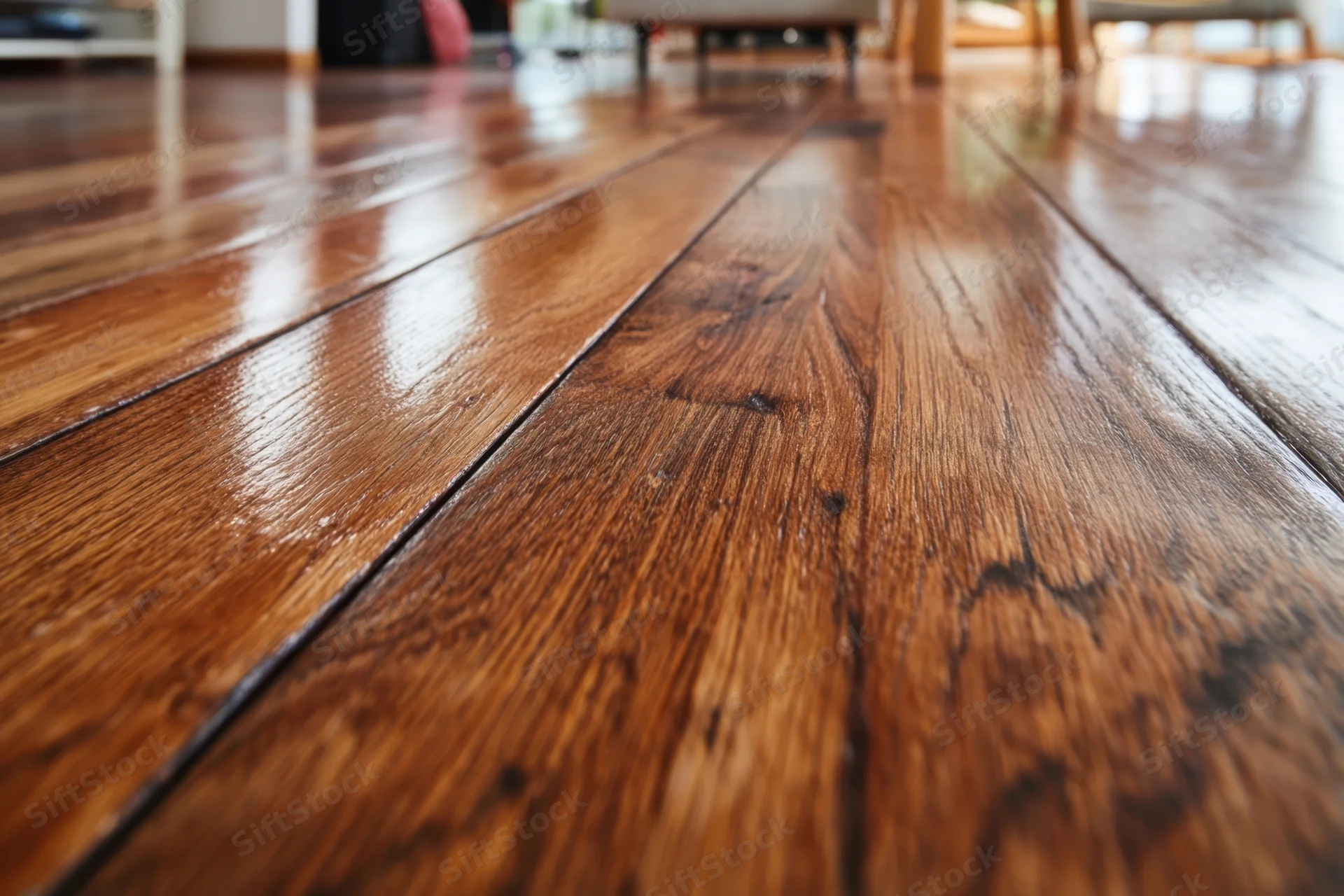 Close-up of polished hardwood floor in a living room interior