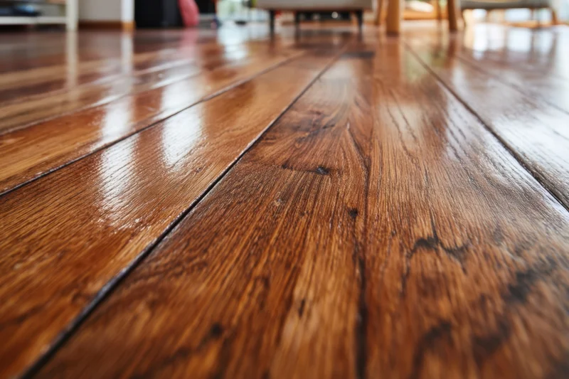 Close-up of polished hardwood floor in a living room interior