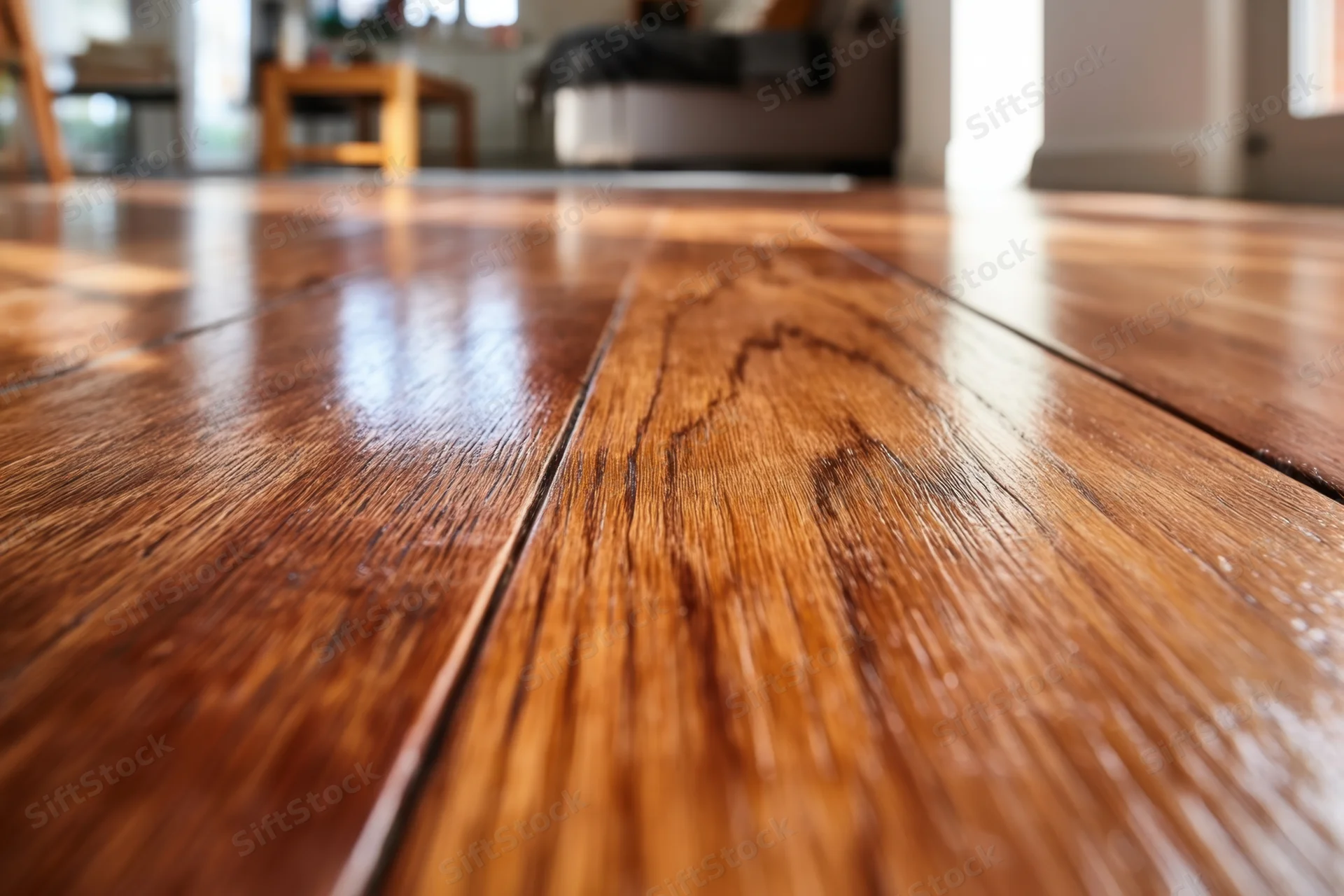 Close-up of polished hardwood floor in a living room with furniture and natural light in the background