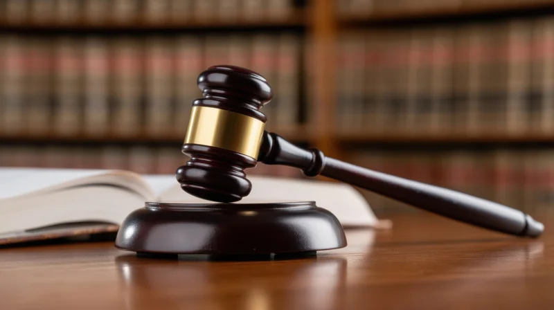 Wooden gavel resting on soundblock beside open book in courtroom setting