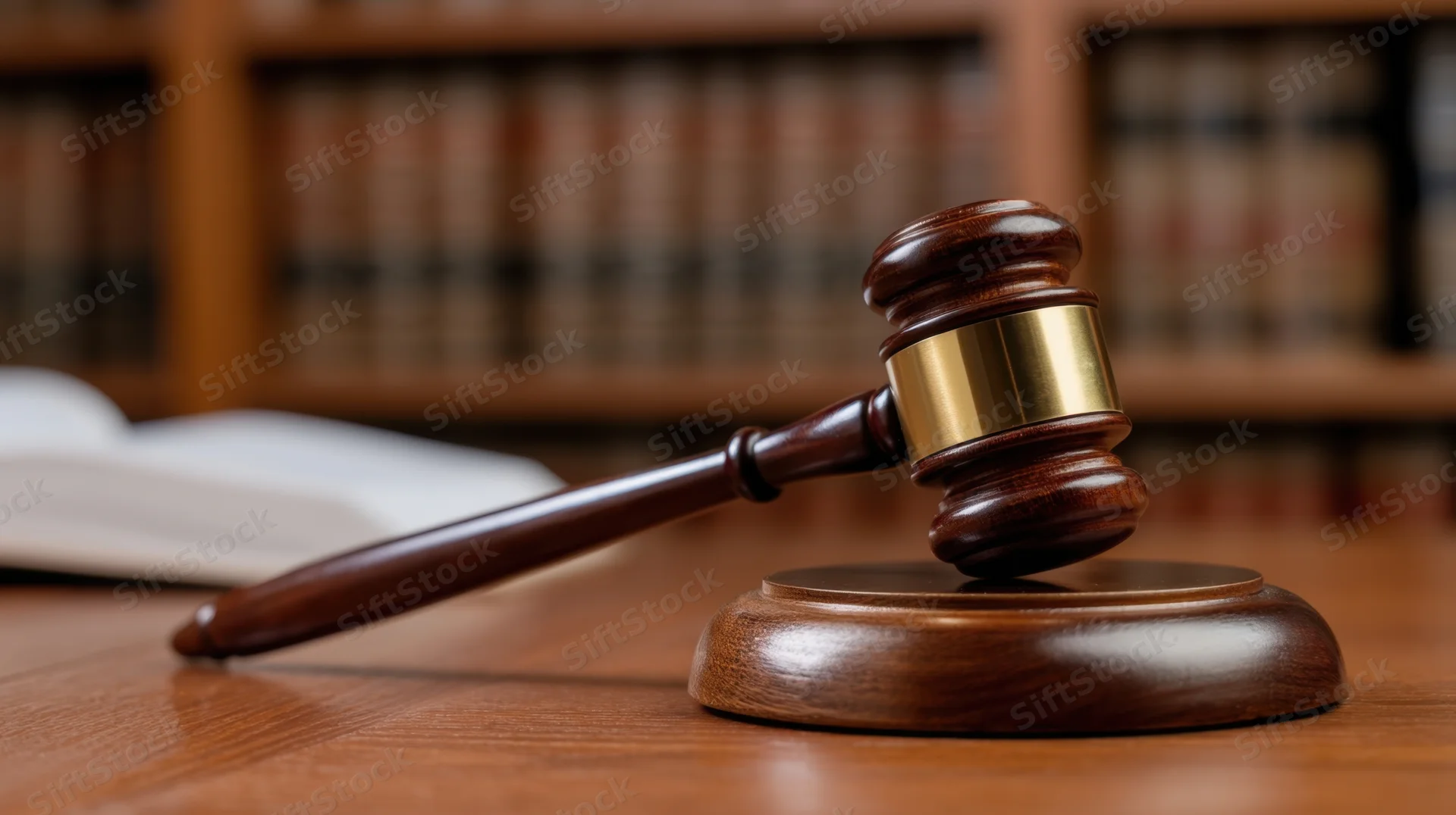 Wooden gavel resting on sound block in front of bookshelf with law books