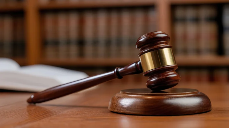 Wooden gavel resting on sound block in front of bookshelf with law books