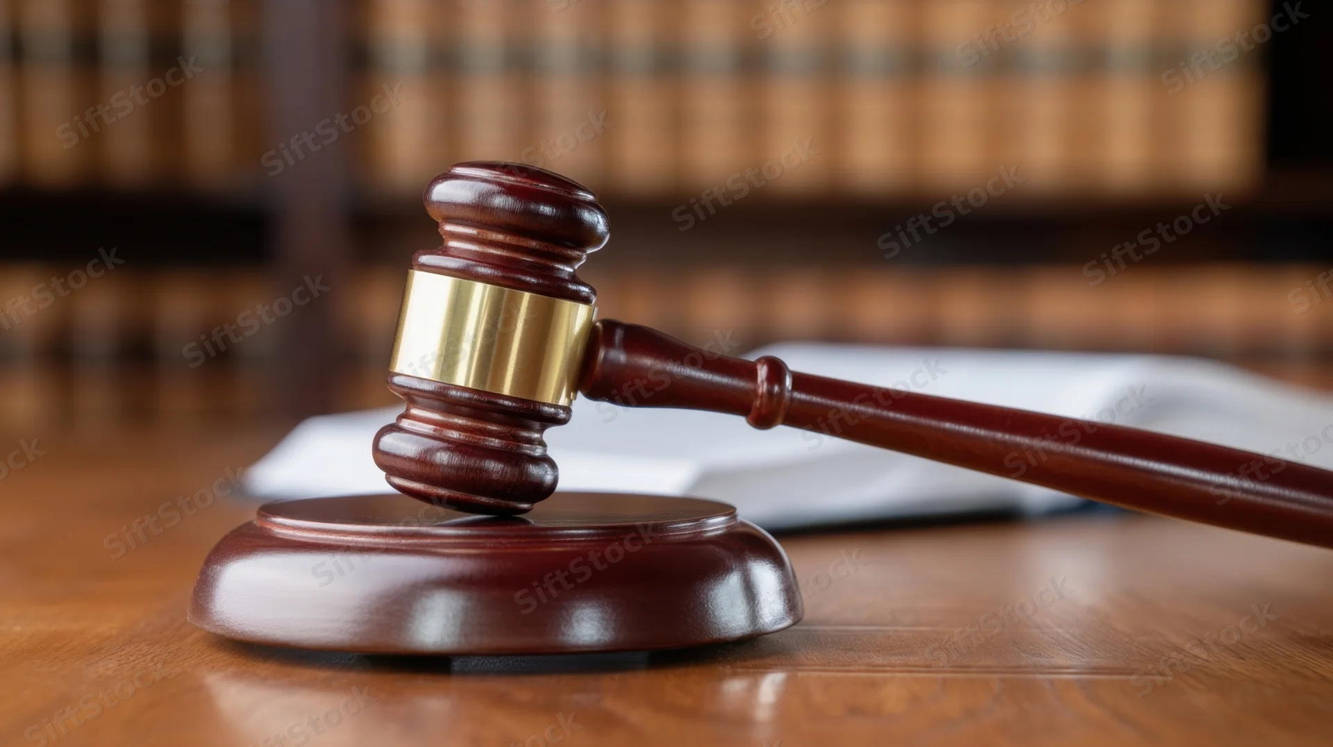Wooden gavel resting on sound block atop a desk with legal documents and bookshelves in background