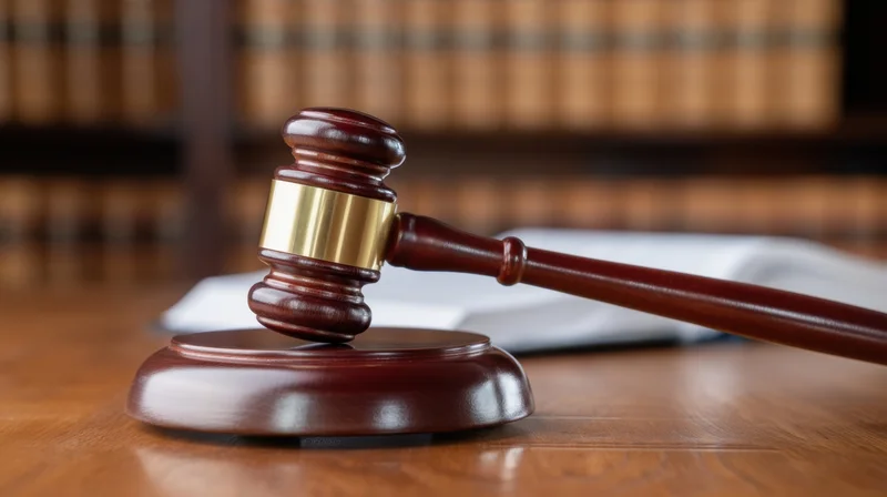 Wooden gavel resting on sound block atop a desk with legal documents and bookshelves in background
