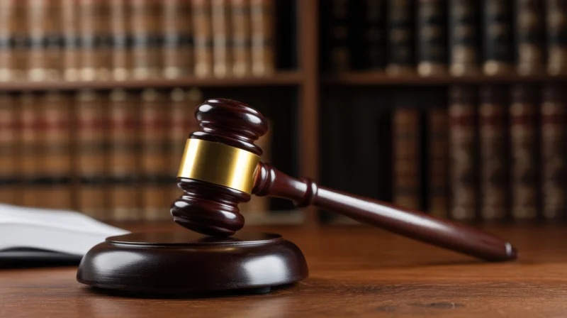 Wooden gavel resting on sound block on a desk with law books in background