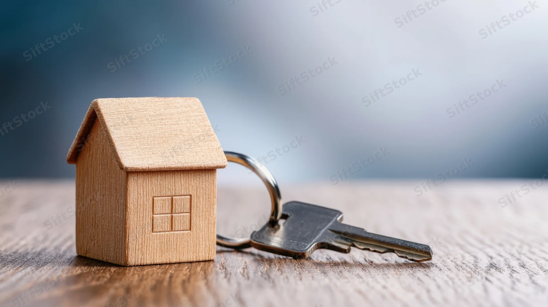 Wooden house model with key on a wooden table