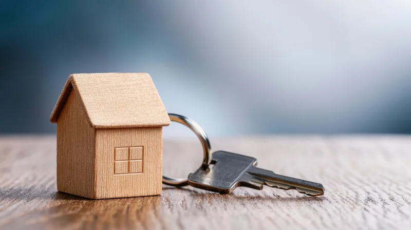 Wooden house model with key on a wooden table