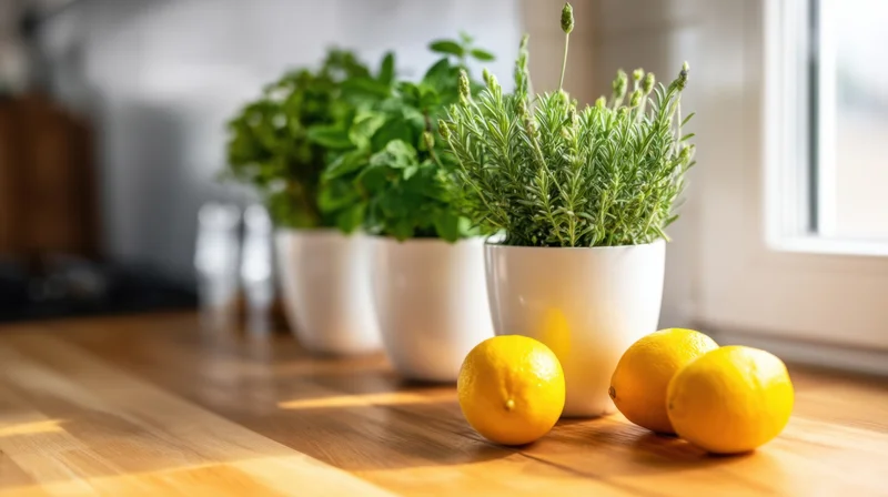 Fresh herbs and lemons arranged on a wooden kitchen countertop near a window