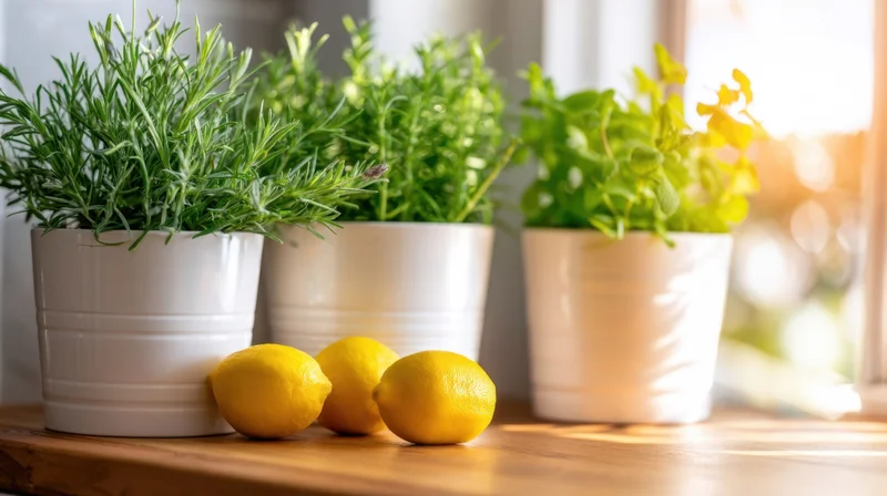 Potted herbs and lemons arranged on a wooden countertop near a window