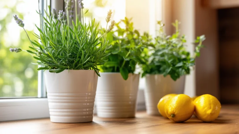 Potted lavender and mint plants with lemons on a wooden countertop by a window