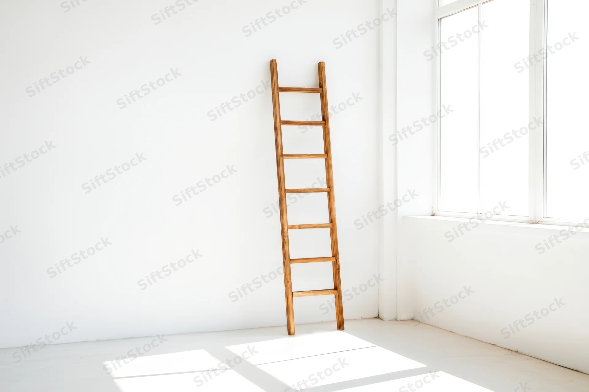 Wooden ladder leaning in a white minimalist room corner near a window with sunlight casting shadows on the floor