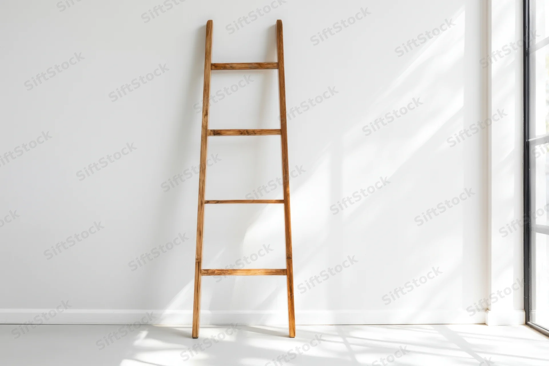 Wooden ladder leaning against white wall in bright minimalist room with sunlight and shadows from window