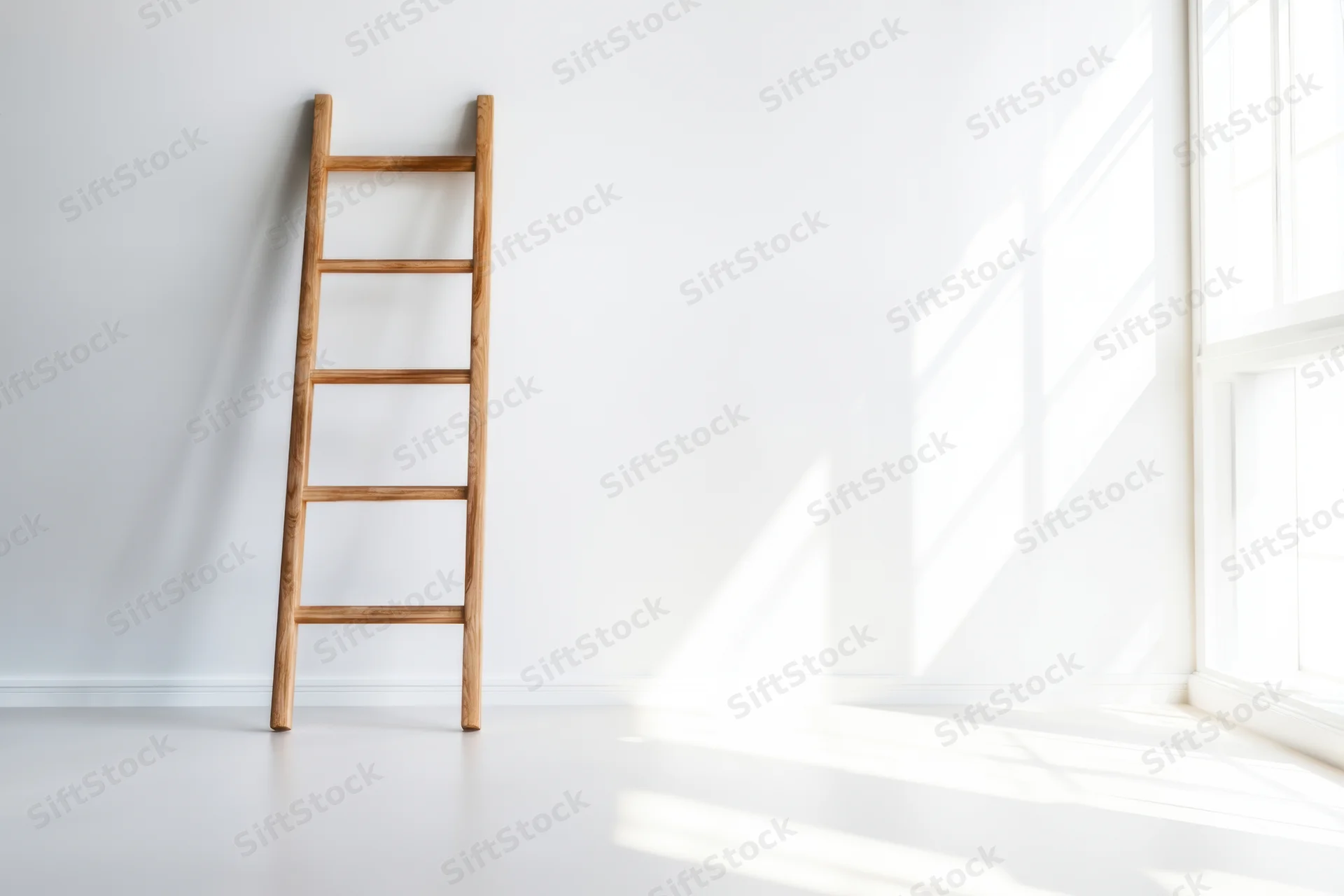 Wooden ladder leaning against white wall in bright minimalist room with sunlight streaming through window