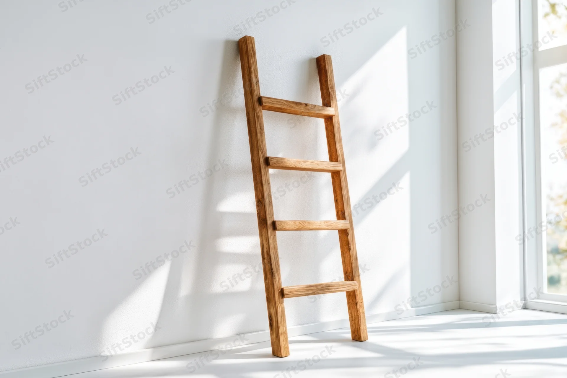 Wooden ladder leaning against white wall in bright minimalist room near window