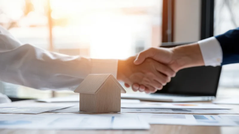 Two people shaking hands over a wooden house model on a desk with documents and a laptop in an office