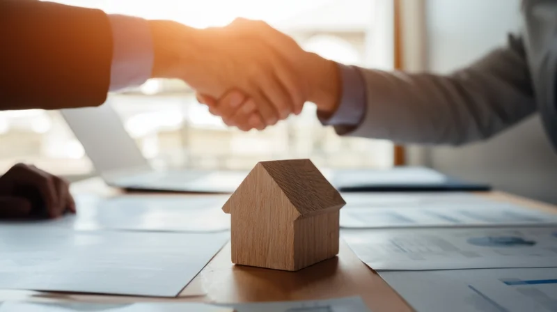 Two people shaking hands over a wooden house model on a desk with documents and a laptop in an office setting