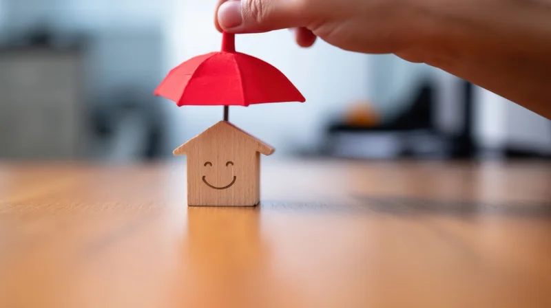 Hand holding red umbrella over smiling wooden house model on desk