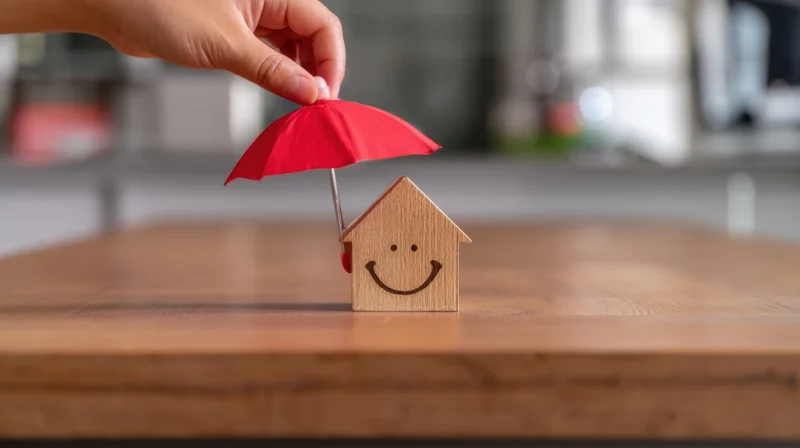 Hand holding red umbrella over smiling wooden house model on wooden table
