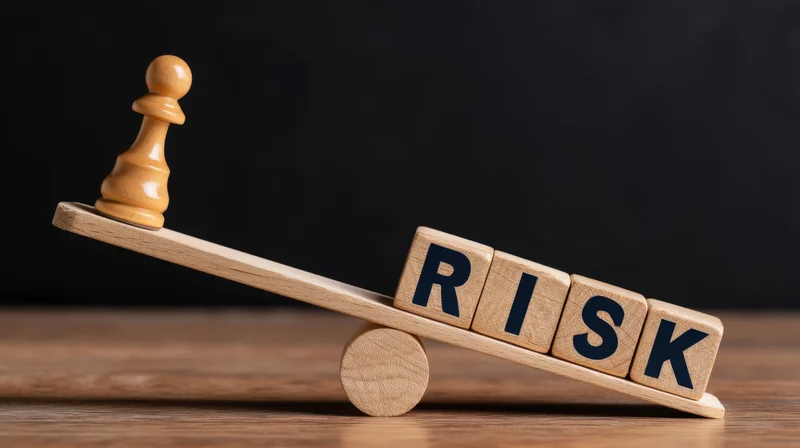 Wooden chess pawn balancing on seesaw with blocks spelling risk on wooden table