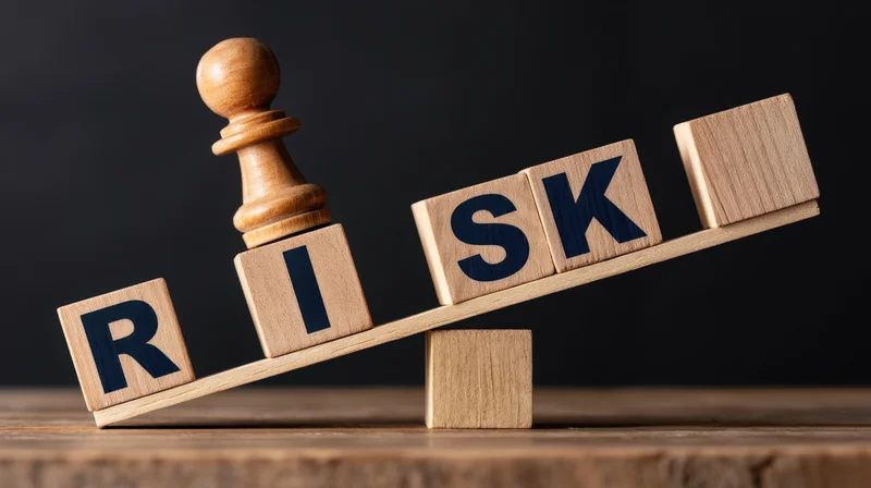 Wooden blocks spelling risk balanced on a seesaw with a chess pawn on top